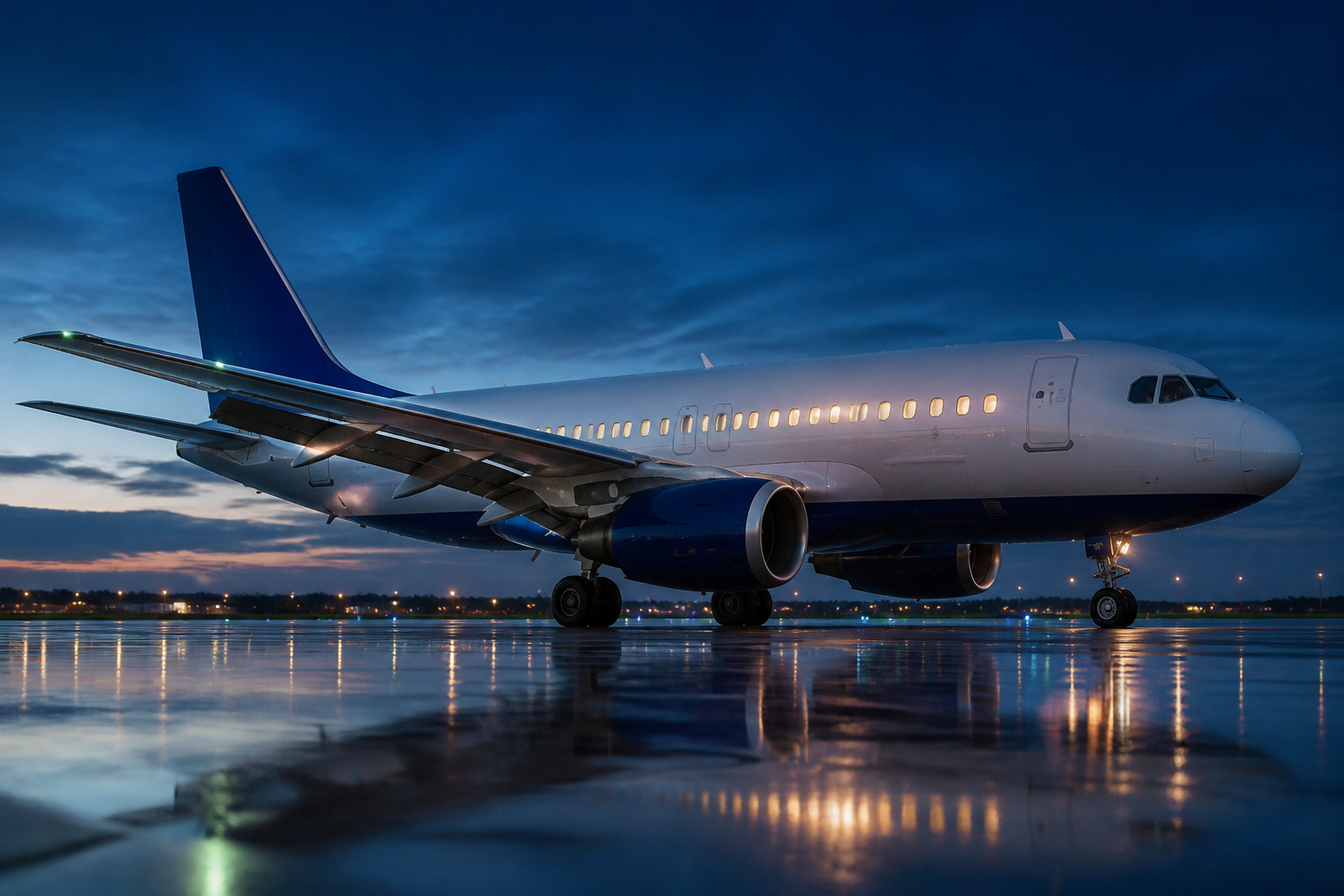 Modern passenger jet on a runway with wing, landing gear, and control surfaces visible